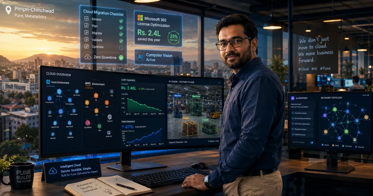 Indian IT engineer managing cloud migration dashboard — JSN Techmark, Microsoft CSP Partner and AI solutions provider in Pune, Maharashtra